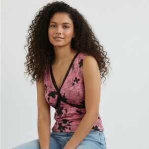 Vtg Tank Top‎ Floral Festival Club Office Sleaze Y2k Pink Hot Mom Fairy P Small